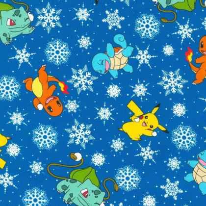 Pokemon Pickachu's Holiday in Blue with Snowflakes | Fabric Design Treasures