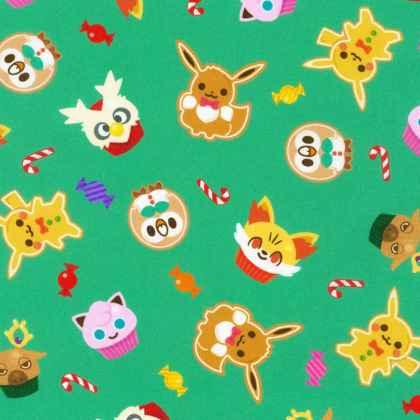 Pokemon Pickachu's Holiday in Green with Candy Canes | Fabric Design Treasures