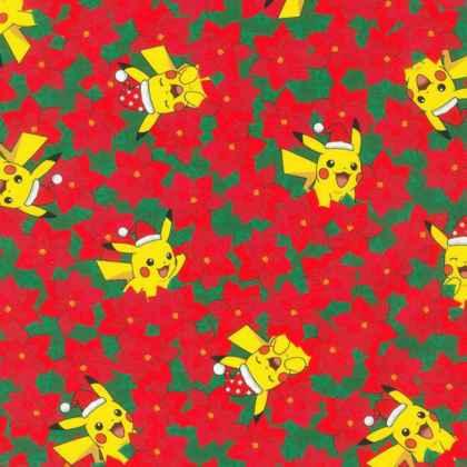 Pokemon Pickachu's Holiday in Red with Poinsetta | Fabric Design Treasures