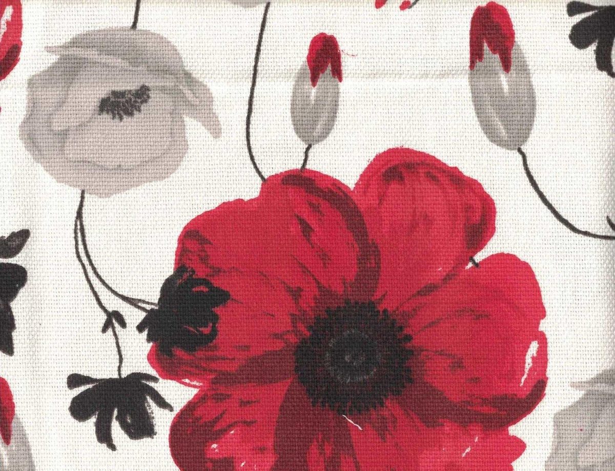 Poppies in Red and Grey on White Background Cotton Canvas | Fabric Design Treasures