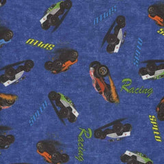 PUL, Laminated Fabric, Diaper, Racing Cars on Blue | Fabric Design Treasures