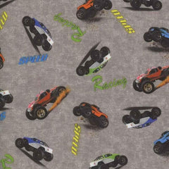 PUL, Laminated Fabric, Diaper, Racing Cars on Grey | Fabric Design Treasures