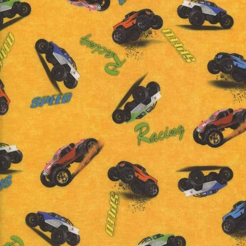 PUL, Laminated Fabric, Diaper, Racing Cars on Yellow - Fabric Design Treasures