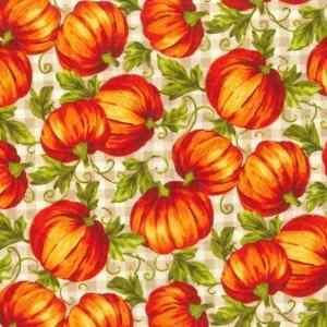 Pumpkin Cotton Fabric on cream Gingham - Fabric Design Treasures