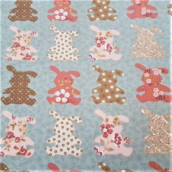Rabbit Fabric Patterned Rabbits on Flower Teal Background | Fabric Design Treasures