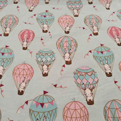 Rabbit FLANNEL, Rabbit in Air ballon on Light Peppermint Green | Fabric Design Treasures
