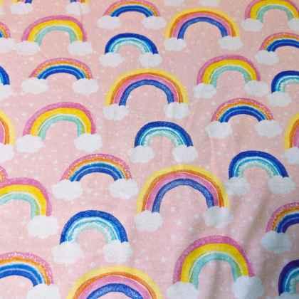 Rainbow and Clouds FLANNEL fabric on Pink | Fabric Design Treasures