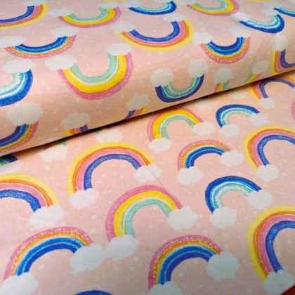 Rainbow and Clouds FLANNEL fabric on Pink | Fabric Design Treasures