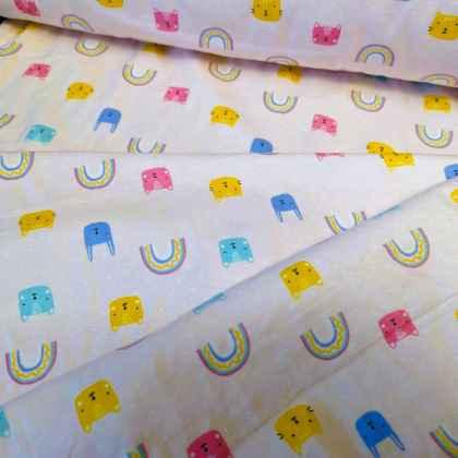 Rainbows and Kittens on Light Pink FLANNEL | Fabric Design Treasures