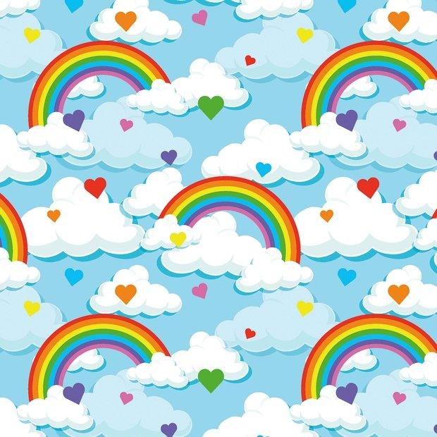 Rainbows Clouds Hearts Jersey Knit in Light Blue | Fabric Design Treasures