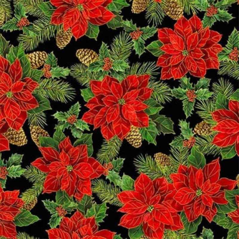 Red Poinsettia on Black, Deck the Halls, Timeless Treasures - Fabric Design Treasures