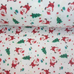 Santa Claus and Christmas Tree on White FLANNEL | Fabric Design Treasures