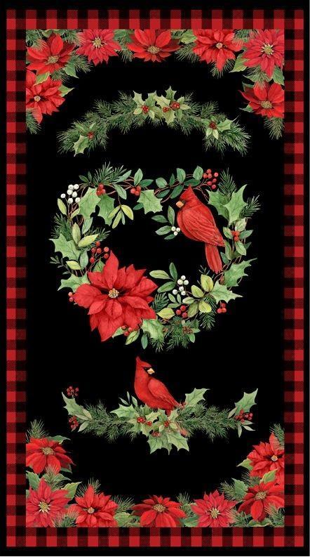 Seasons of Heart Cardinal and Poinsettias Christmas Panel | Fabric Design Treasures