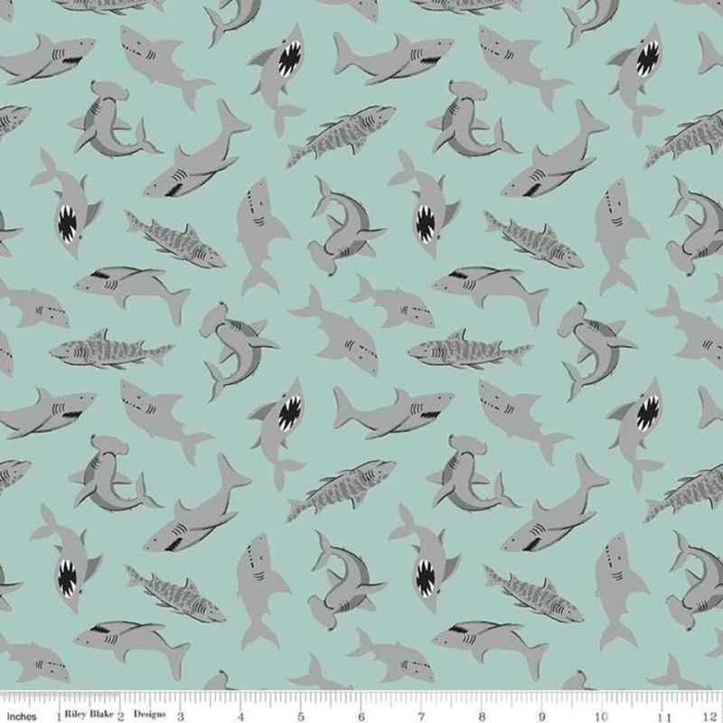 Shark Fabric, Pirate Tales Sharks Blue | Fabric Design Treasures