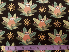 Sloth Fabric, Happy Sloth Cotton Fabric in Cream or Black | Fabric Design Treasures