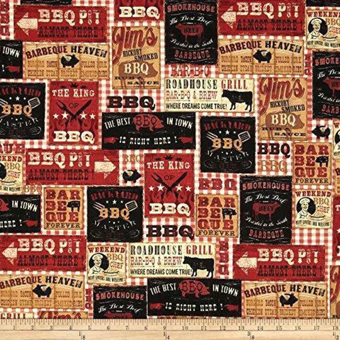 Spice BBQ Signs Fabric by Robert Kaufman | Fabric Design Treasures