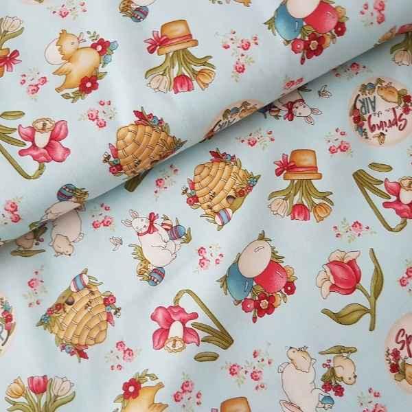 Spring is in the Air Light Blue Cotton, Rabbits by Hannah West | Fabric Design Treasures