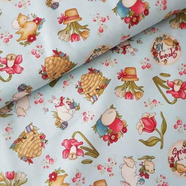 Spring is in the Air Light Blue Cotton, Rabbits by Hannah West | Fabric Design Treasures