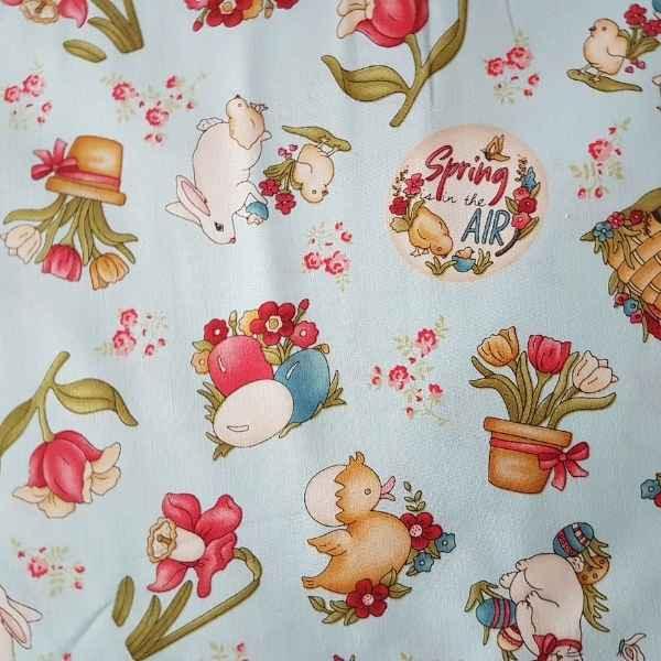 Spring is in the Air Light Blue Cotton, Rabbits by Hannah West | Fabric Design Treasures