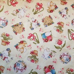 Spring is in the Air Yellow Cotton, Rabbits by Hannah West | Fabric Design Treasures
