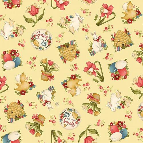 Spring is in the Air Yellow Cotton, Rabbits by Hannah West | Fabric Design Treasures
