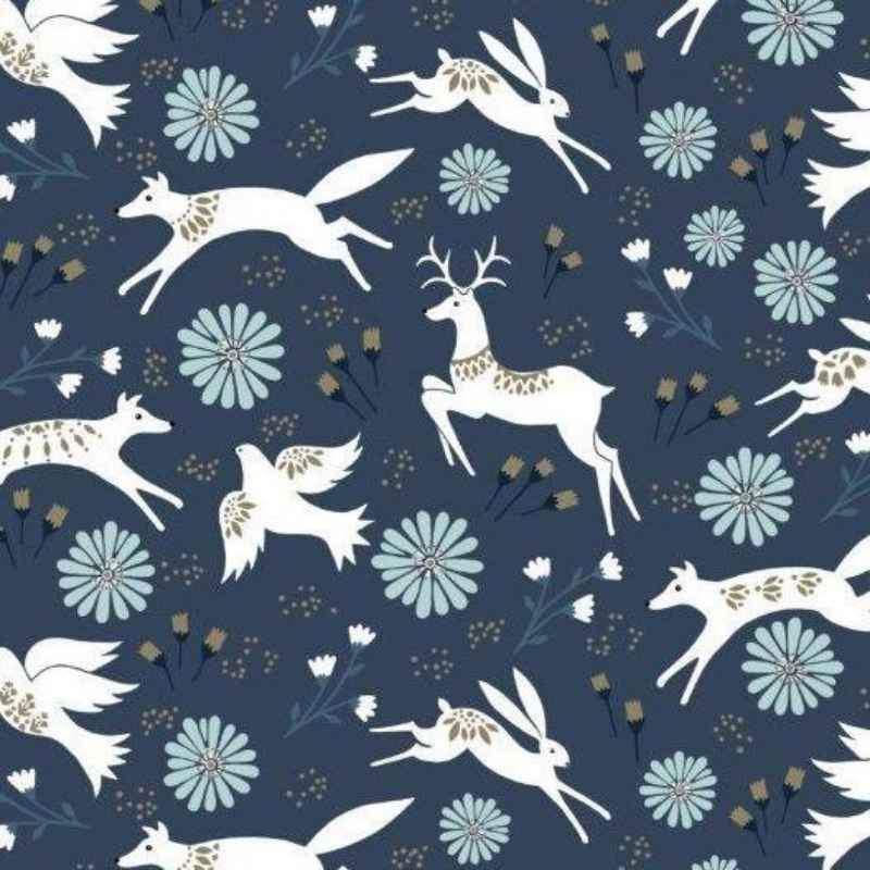 Starlit Hollow Hare, Reindeer on Navy Blue | Fabric Design Treasures