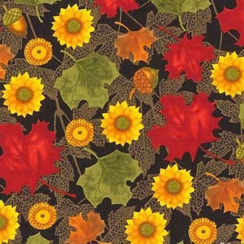 Sunflower fabric, Autumn Reverie - Harvest Flowers & Leaves | Fabric Design Treasures