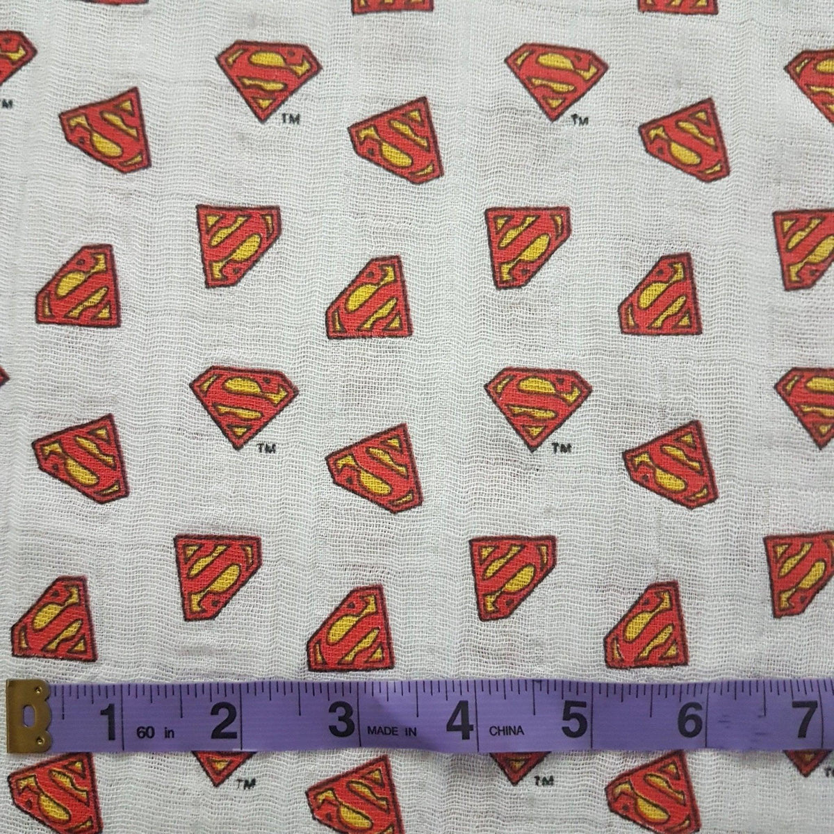 Superman Double Gauze Fabric Emblem on White | Fabric Design Treasures