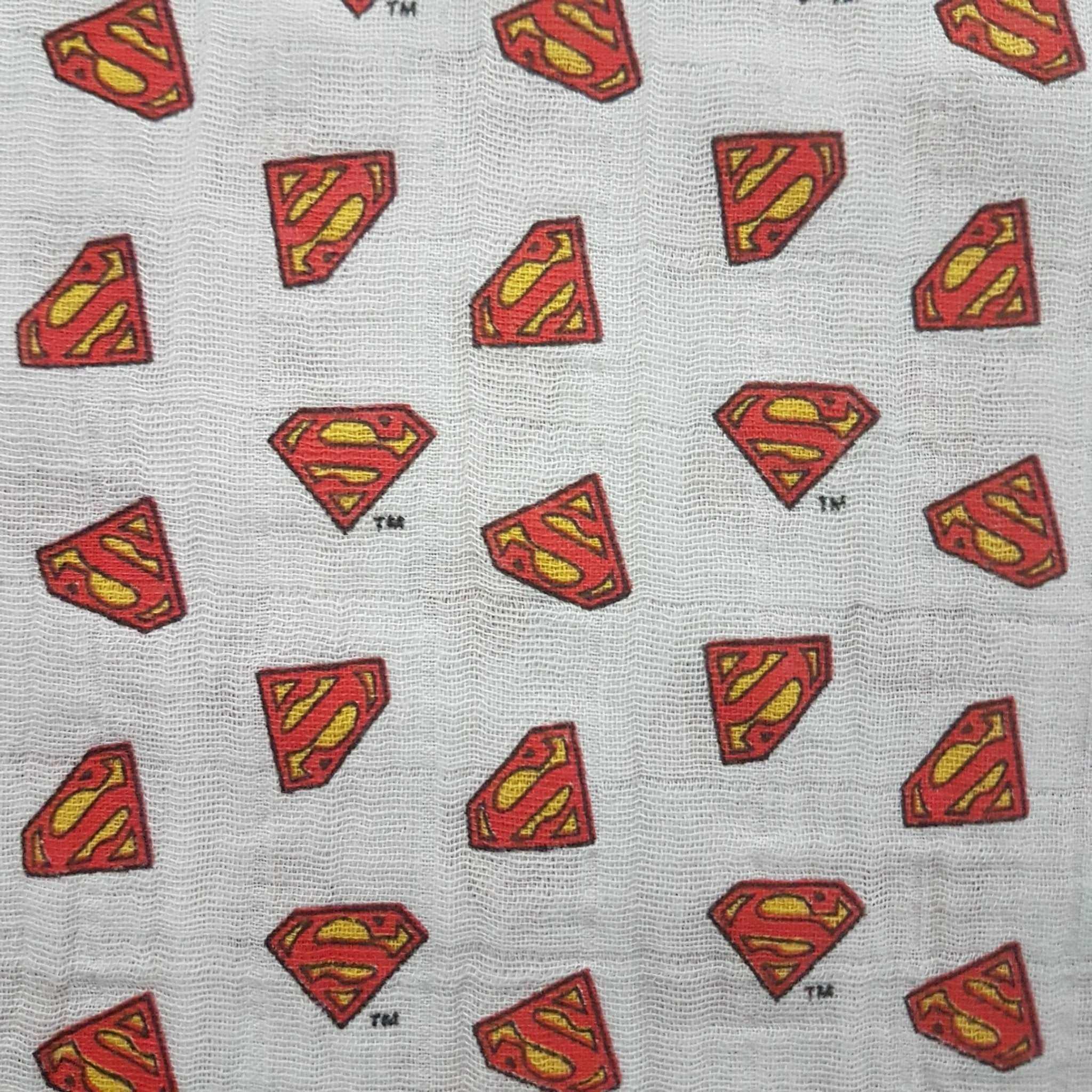 Superman Double Gauze Fabric Emblem on White - Fabric Design Treasures