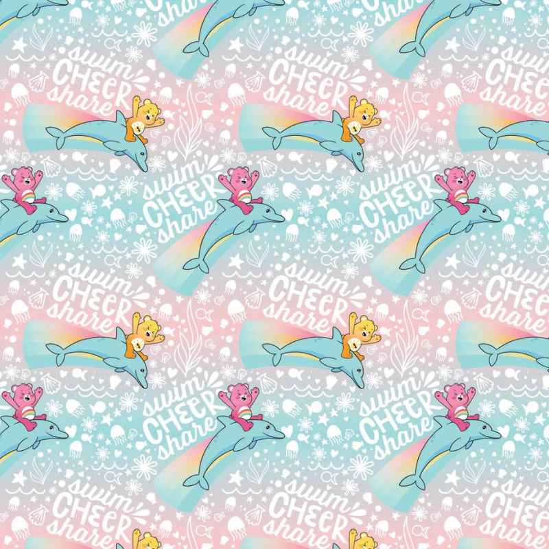 Swim Cheer Share Care Bears Mermaid Bears Pink - Fabric Design Treasures