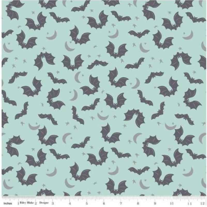 Teal Bat fabric with Silver Metallic, Spooky Hollow | Fabric Design Treasures