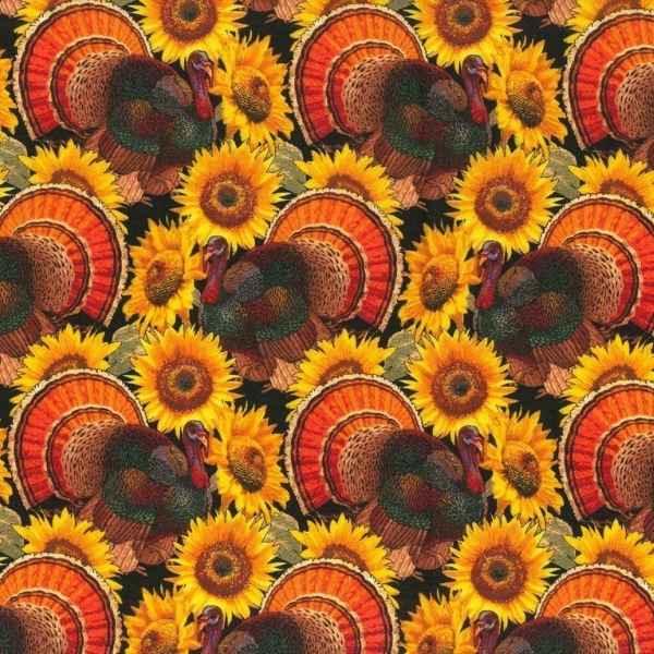 Thanksgiving Fabric Sunflowers and Turkeys, Autumn Print - Fabric Design Treasures