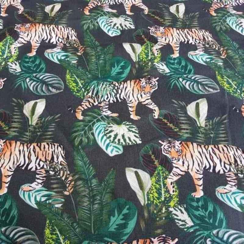 Tiger in the Jungle with Tropical Leaves on Dark Green | Fabric Design Treasures