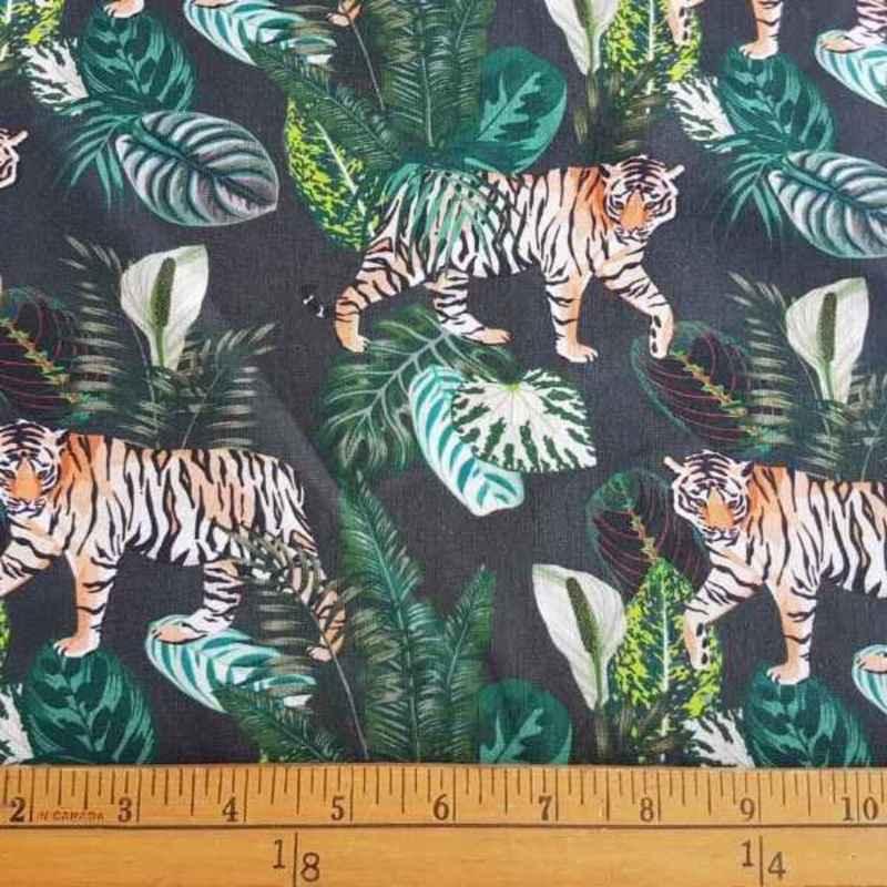 Tiger in the Jungle with Tropical Leaves on Dark Green | Fabric Design Treasures