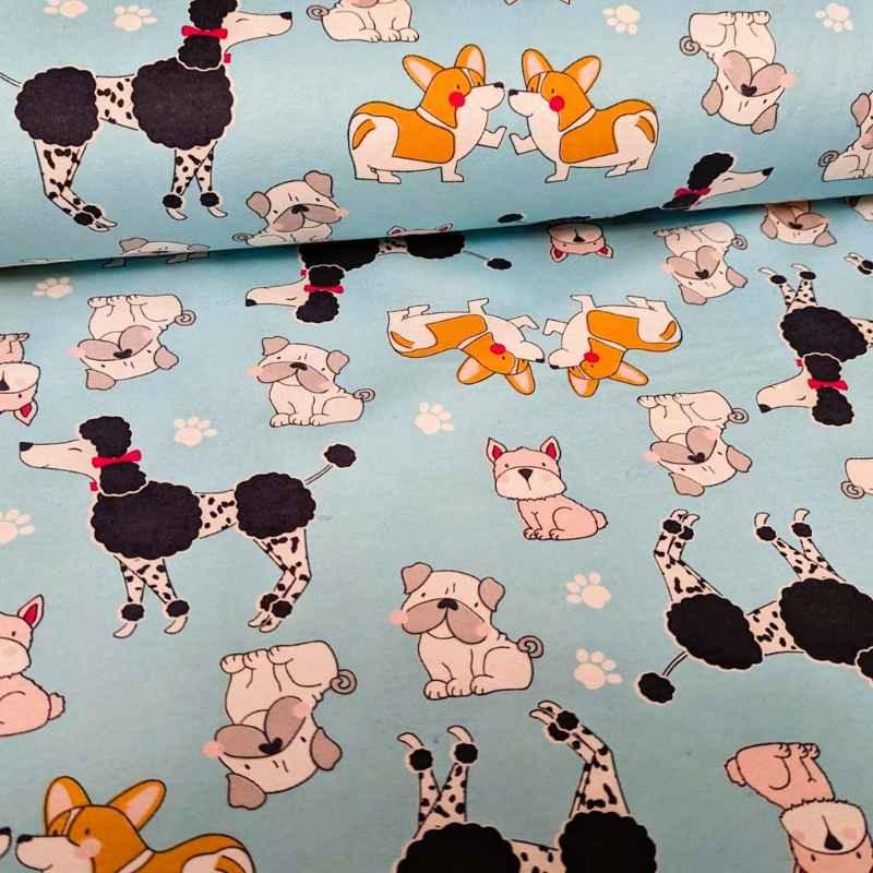 Toss Dog FLANNEL on Light Blue flannel fabric | Fabric Design Treasures