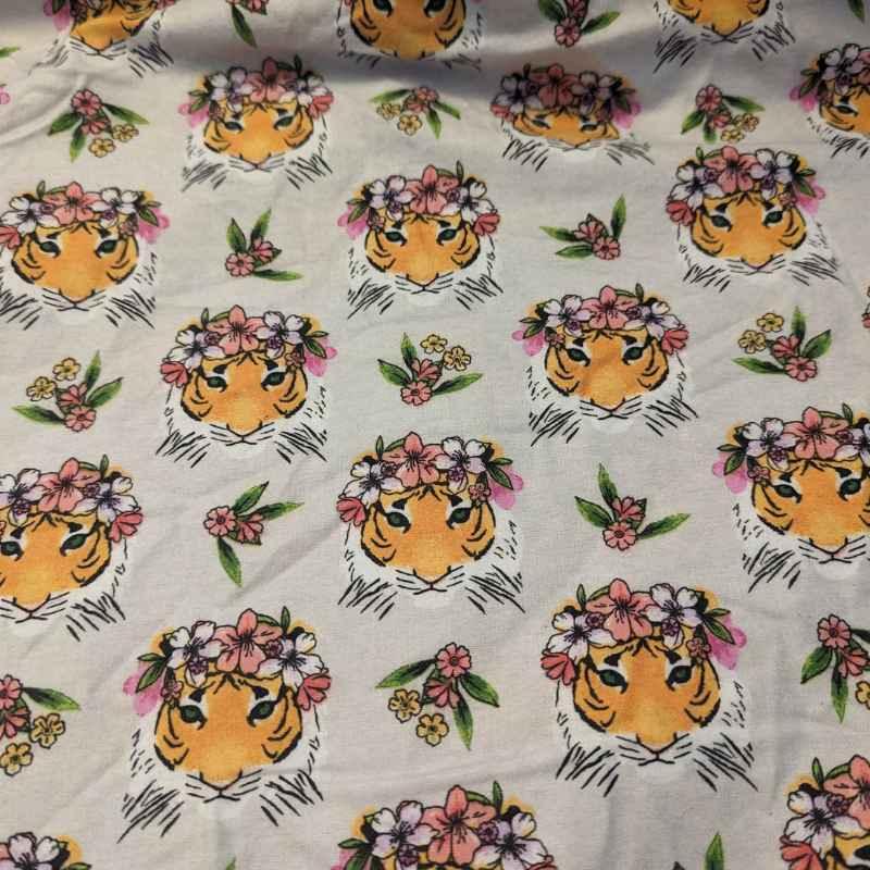 Toss Head Tiger FLANNEL on cream, Nursery Flannel | Fabric Design Treasures