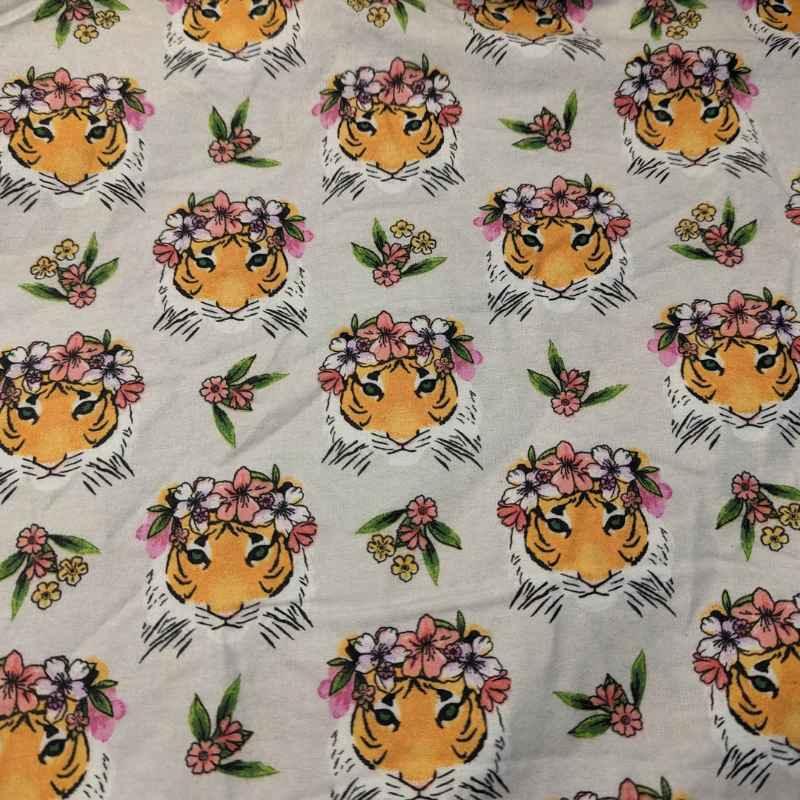 Toss Head Tiger FLANNEL on cream, Nursery Flannel | Fabric Design Treasures