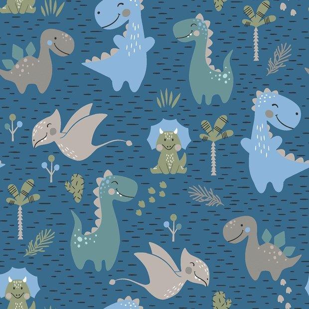 Tossed Dinosaurs on Blue Background Jersey Knit | Fabric Design Treasures
