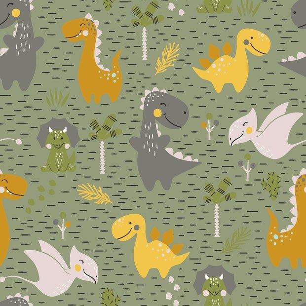 Tossed Dinosaurs on Khaki Background Jersey Knit | Fabric Design Treasures
