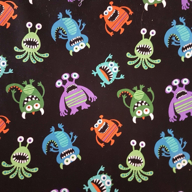 Tossed Doodle Monster Fabric on Black | Fabric Design Treasures