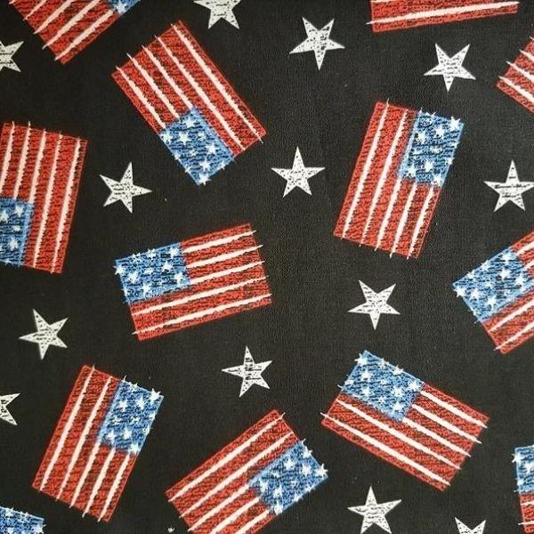 Tossed Miniature American Flag and White Stars Fabric on Black - Fabric Design Treasures