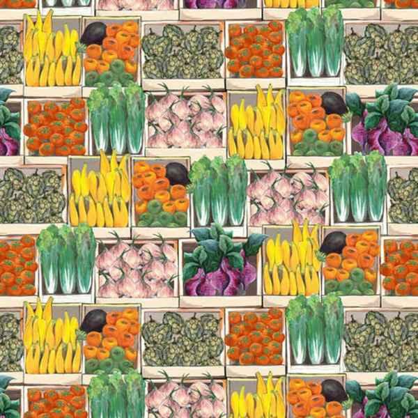 Vegetable Fabric, Blissful Bounty, Veggies in Crates, Digital | Fabric Design Treasures