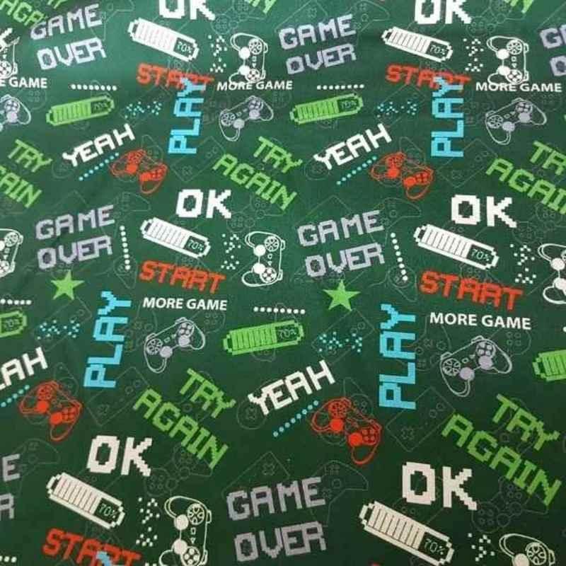 Video Game Fabric, Video Game Text on Green Fabric | Fabric Design Treasures