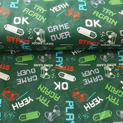 Video Game Fabric, Video Game Text on Green Fabric | Fabric Design Treasures