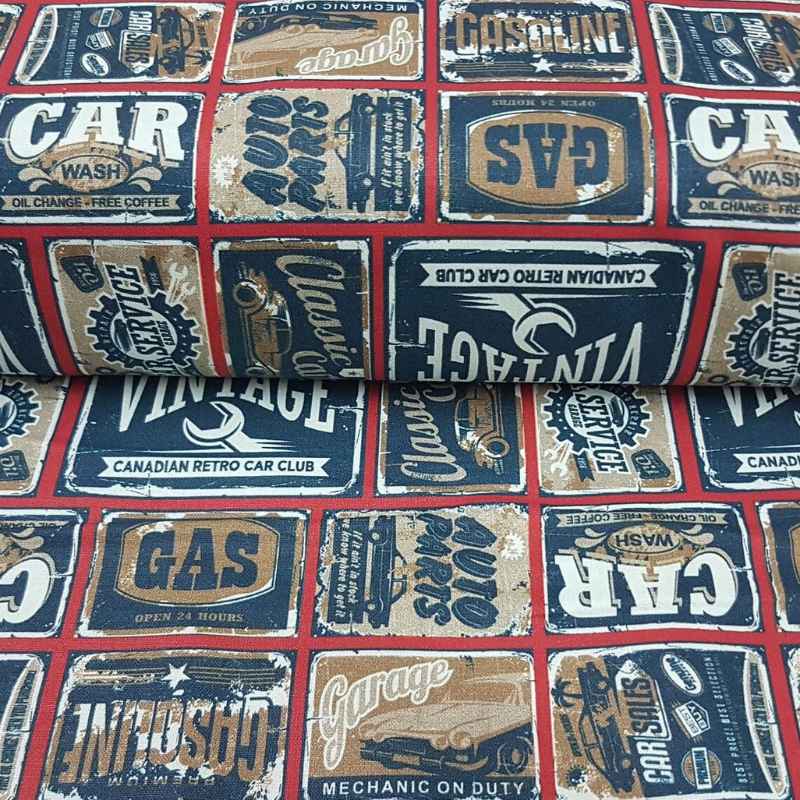 Vintage Car Sign Fabric, Retro Car Signs Fabric | Fabric Design Treasures
