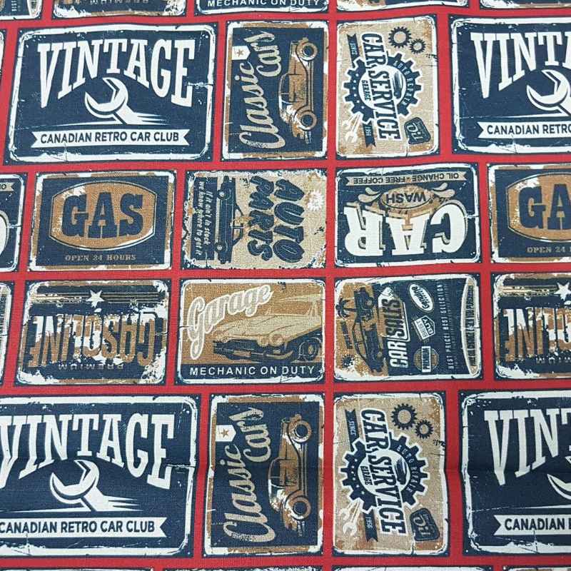 Vintage Car Sign Fabric, Retro Car Signs Fabric - Fabric Design Treasures