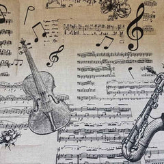 Violin & Music Notes Cotton Canvas in Black and Cream | Fabric Design Treasures