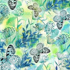 Watercolor Floral & Butterfly Cotton Fabric in Green | Fabric Design Treasures