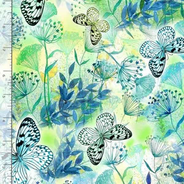 Watercolor Floral & Butterfly Cotton Fabric in Green | Fabric Design Treasures