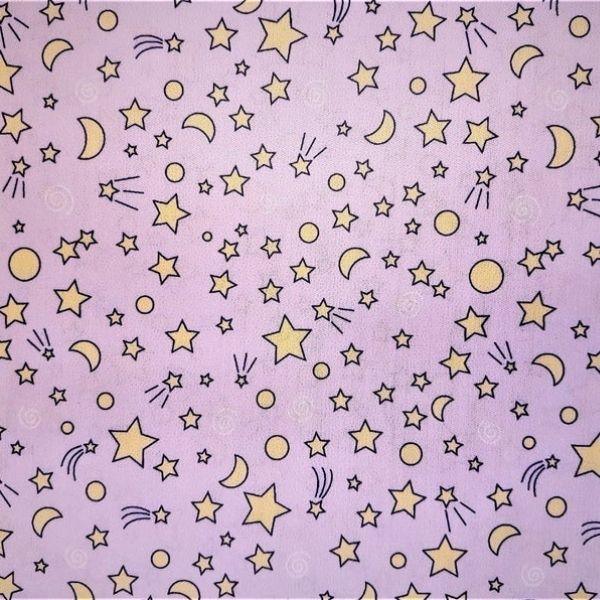 Waterproof Laminate PUL - Stars, Moon in Gold on Lilac | Fabric Design Treasures